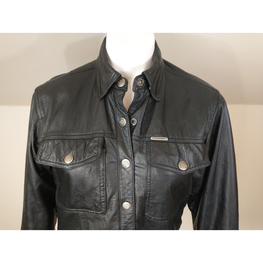 Harley-Davidson Womens Black Genuine Leather Snap Front Shirt Jacket Small S